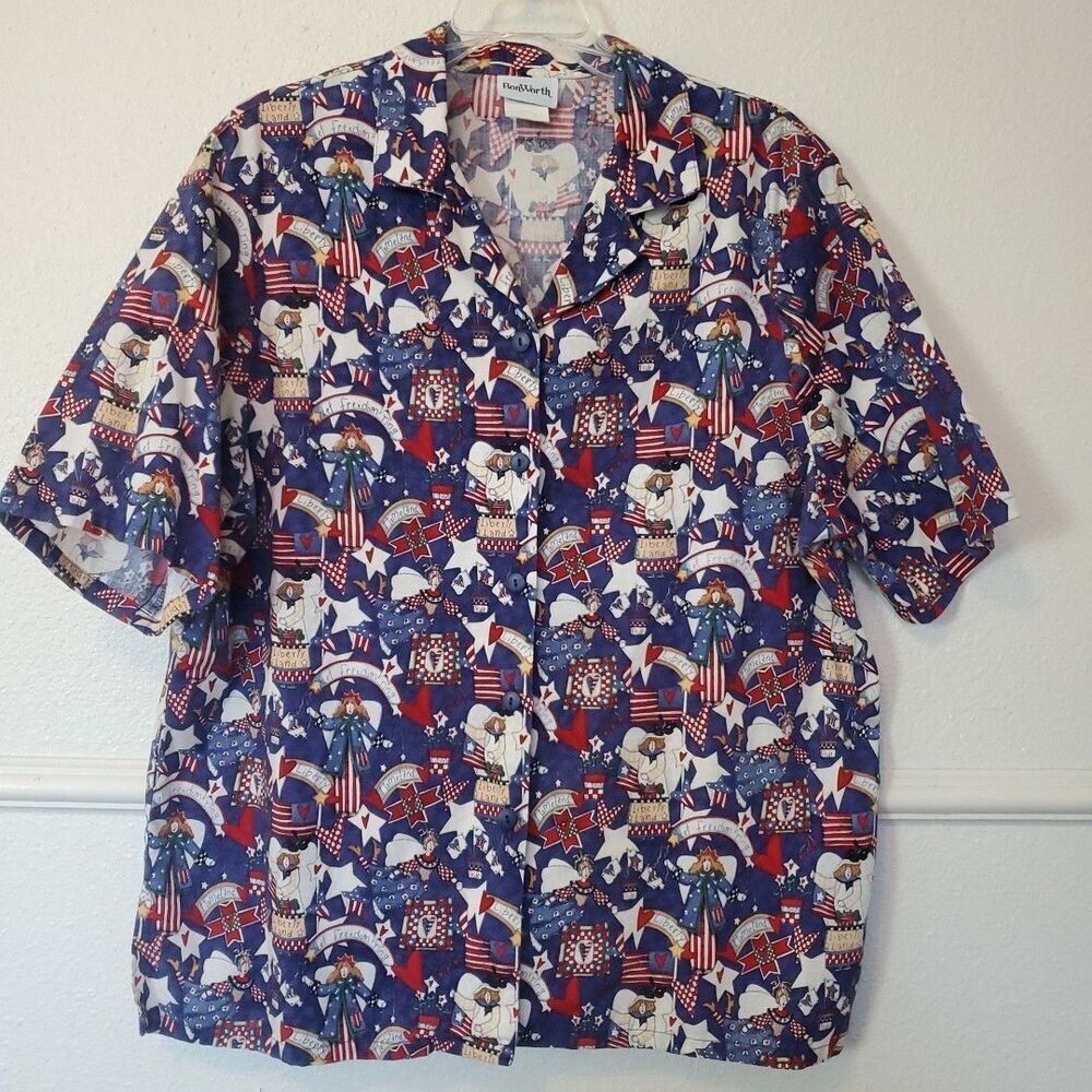 BonWorth Womens Americana Folk Art Patriotic Button Up Shirt Blue Red White L